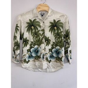 Tommy Bahama Button Up Shirt Mens Green Palm Trees Silk Size L Long Sleeve